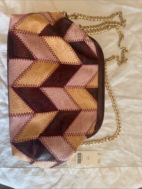 Anthropologie Patchwork Chevron Shoulder Bag Pink, burgundy and pale yellow/tan